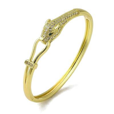 Brass Pave Clear & Green Cubic Zirconia Leopard Hinged Bangle for Women