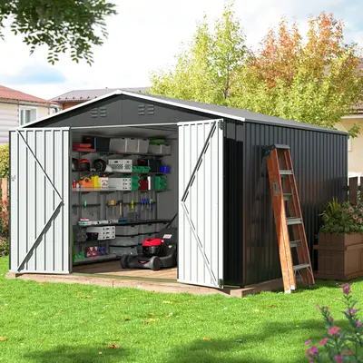 Outdoor Storage Shed - A Weatherproof Metal Utility Shed equipped with a Door and Ramp Access, Perfect for Exterior Applicati...