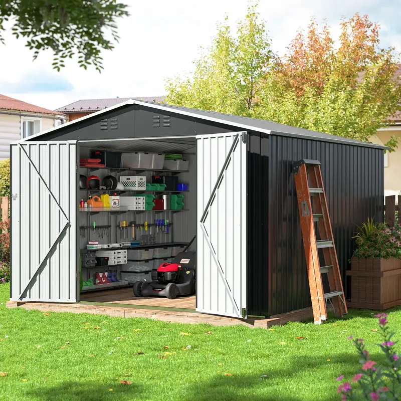 Outdoor Storage Shed - A Weatherproof Metal Utility Shed equipped with a Door and Ramp Access, Perfect for Exterior Applicati...