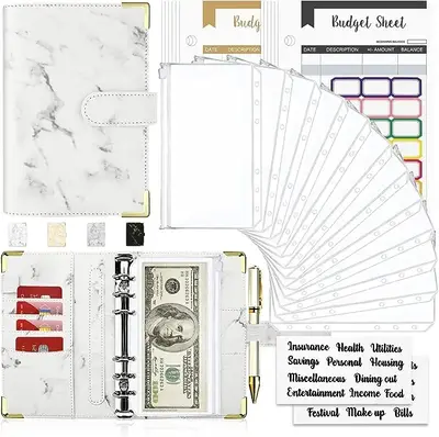 Budget Binder, Cash Envelopes for Budgeting, Money Organizer for Cash, 28Pcs Budget Binder with Cash Envelopes, Marble 6-Ring...