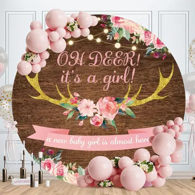 Aperturee Pink Oh Deer Its A Girl Round Baby Shower Backdrop