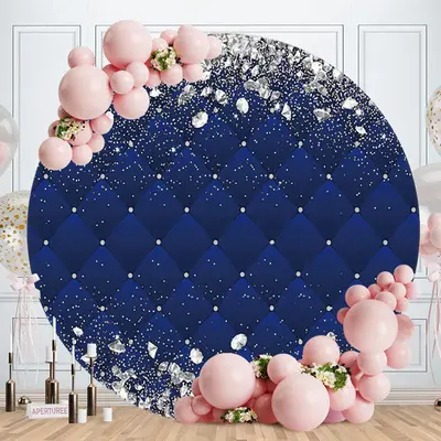 Aperturee Sliver Glitter Round Blue Birthday Backdrops | Round Backdrop Cover Diy | Circle Background For Party | Custom Roun...