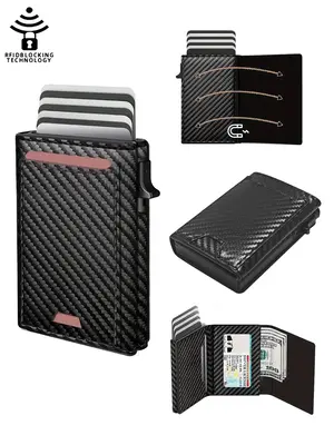 Men's Carbon Fiber Pattern Pop-up Wallet with Tracker, Anti-theft RFID Blocking Minimalist Wallet, Large Capacity Id Window &...