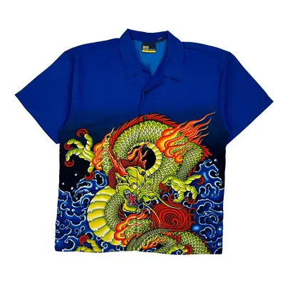 Dragon Print Street Culture Graphic Hawaiian Shirt - XL Blue Polyester