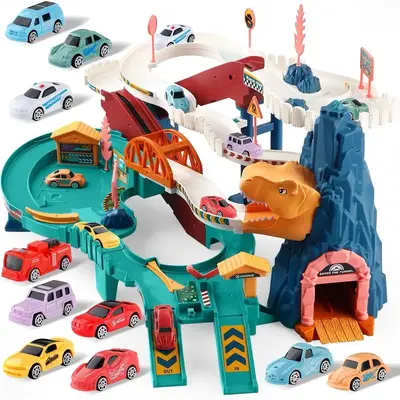 King Size Dinosaur Hill Car Ramp Track - Large Race Track Play Set, Features 10 Mini Racers and Vibrant Tracks, Perfect for K...