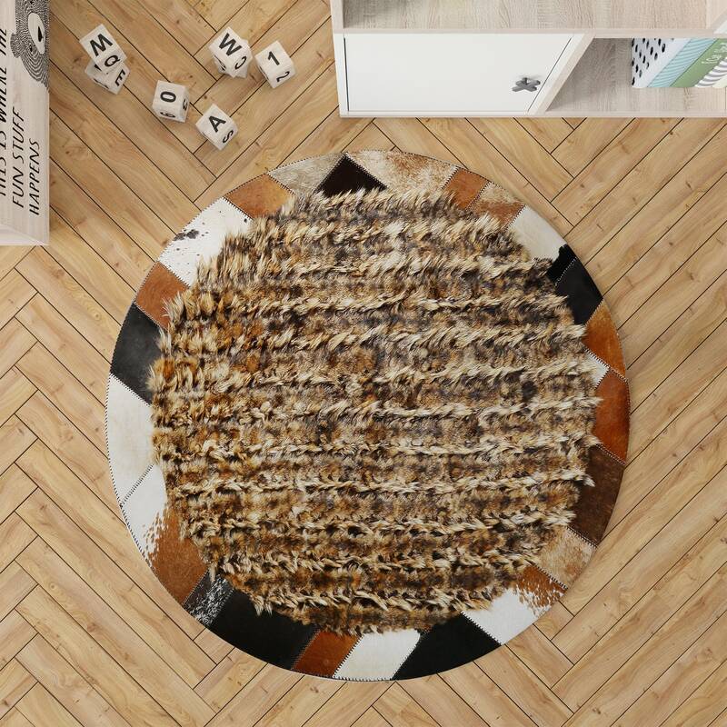 Genuine Black & Brown Fox Fur Round Rug