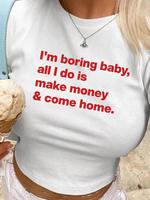 Women's Letter Print Round Neck Crop Tee, Fashion Casual Crew Neck Short Sleeve T-shirt for Daily Holiday Vacation Outdoor We...