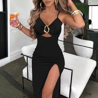 ChicMe Women's V-Neck Spaghetti Strap Metal Ring Bodycon Dress High Slit Ruched Party Dress