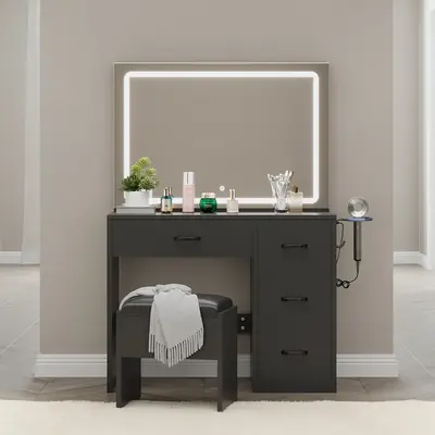 Yitahome Makeup Vanity Desk with Lighted Mirror Power Outlet and LED Strip, 3 Color Lighting Modes with Adjustable Brightness...