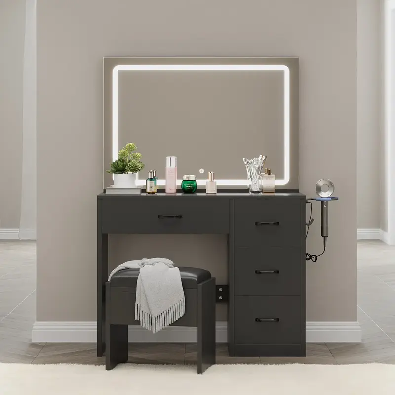 Yitahome Makeup Vanity Desk with Lighted Mirror Power Outlet and LED Strip, 3 Color Lighting Modes with Adjustable Brightness...