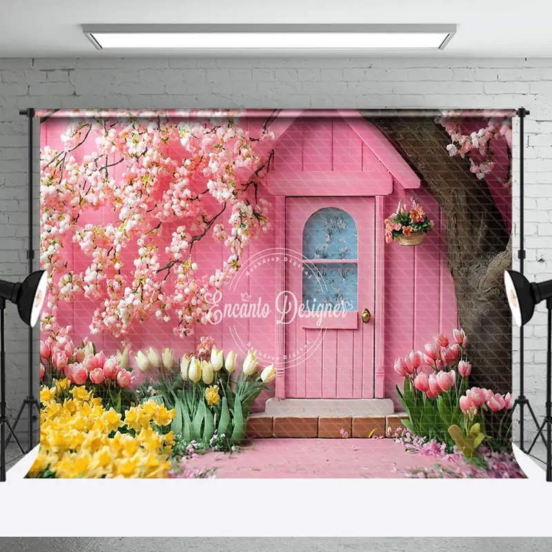 Aperturee Pink House Colorful Natural Floral Spring Backdrop | Spring Flower Backdrop | Spring Photo Back Drop | Spring Backd...