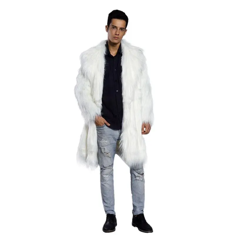 Mens Faux Fur Coats Jacket Fur Men White Thick Fake Coat Men Long Jacket Faux Leather Coats