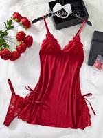 Women's Contrast Lace Split Hem Cami Nightdress & Thong Two-piece Set, Elegant Fitted Adjustable Spaghetti Strap Bow Decor Ni...