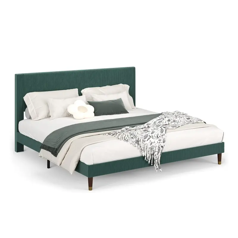 Garvee King Bed Frame with Headboard, Corduroy Upholstered Platform Bed with Wooden Slats Support - No Box Spring Needed & No...