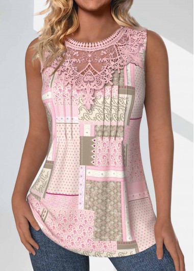 Modlily Light Pink Tuck Stitch Patchwork Sleeveless Tank Top - XXL