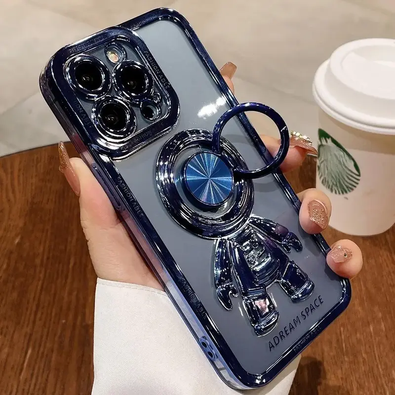 Astronaut Plating Phone Case With Ring Holder, TPU Electroplated Phone Cases with Phone Holder Compatible With iPhone 11 12 1...