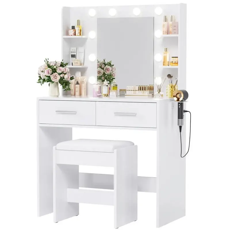 HOMALL Makeup Vanity Table and Chair Set with 3 Modes Adjustable Lights and Mirror Vanity Desk with Shelves and Drawer, White