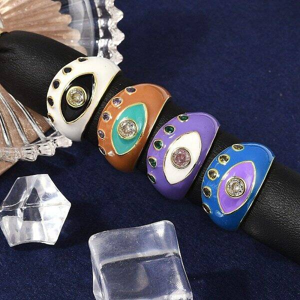 Brass Micro Pave Clear Cubic Zirconia Enamel Cuff Rings for Women