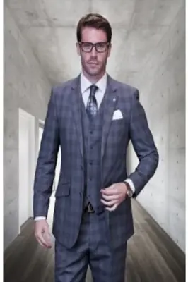 Statement Men's 100% Wool Fashion Suit - Dark Plaid 3-Piece