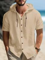 Men's Solid Button Hooded Shirt, Casual Breathable Shortsleeve Top for Summer, Fashion Men's Clothes for Beach Vacation, Men...