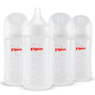 Pigeon PP Nursing Bottle Wide Neck, Anti-Colic, Streamlined Body, Natural Feel, Easy to Clean, 8.1 Oz(Pack of 4), Includes 4p...
