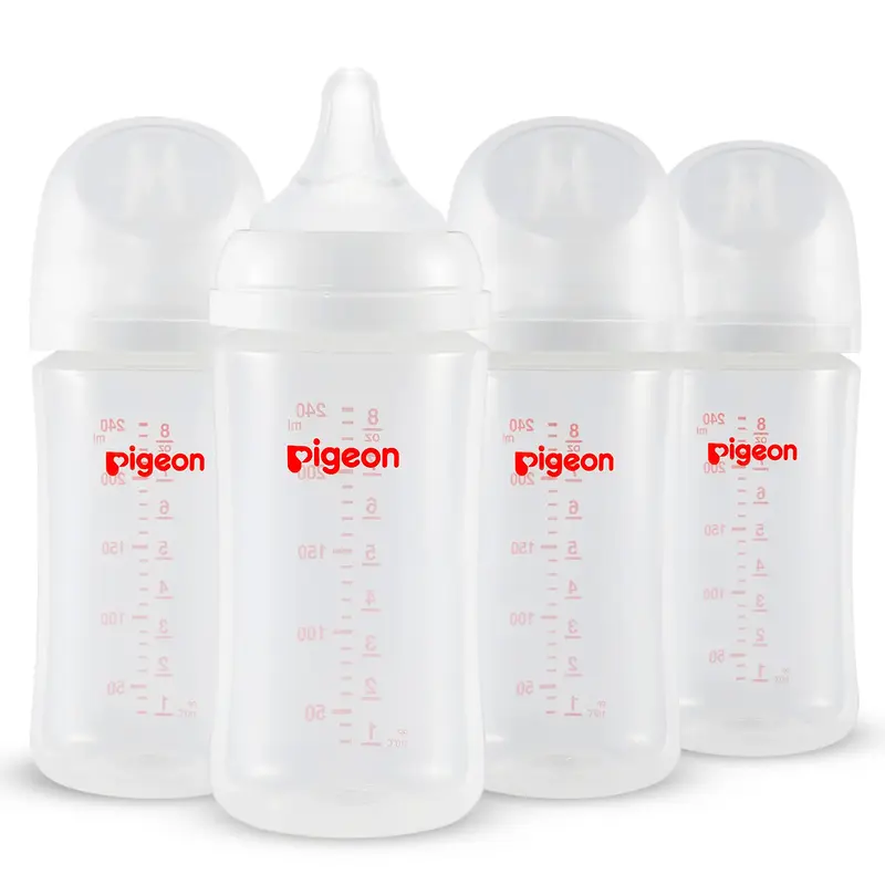 Pigeon PP Nursing Bottle Wide Neck, Anti-Colic, Streamlined Body, Natural Feel, Easy to Clean, 8.1 Oz(Pack of 4), Includes 4p...