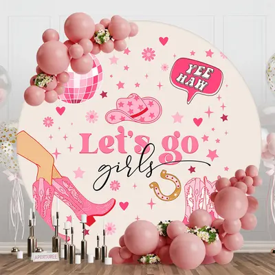 Aperturee Pink Cowgirl Disco Ball Stars Lets Go Round Backdrop - Aperturee