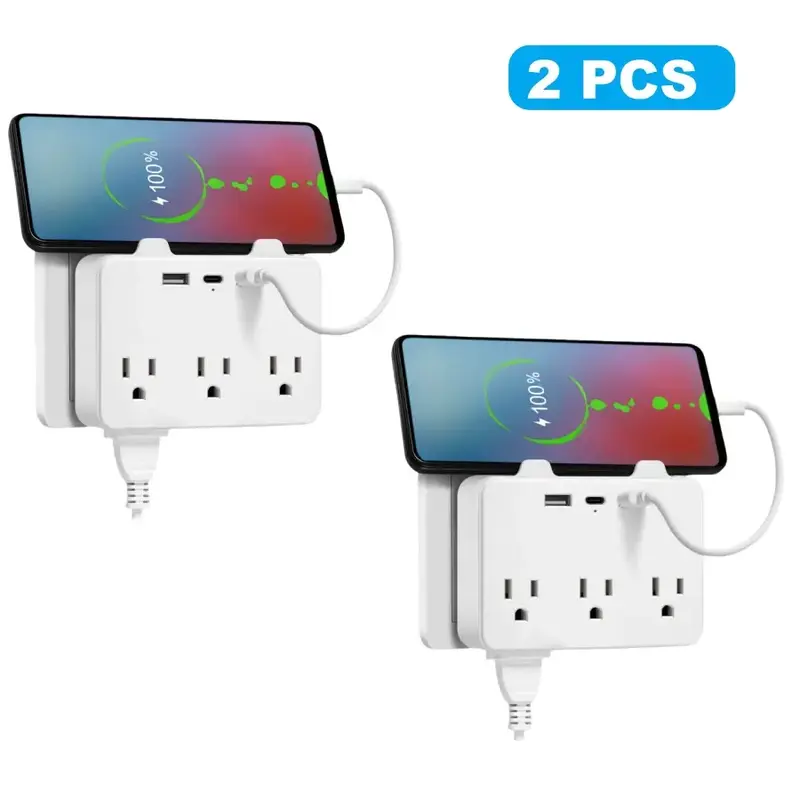 2pack-9-In-1 Multi Plug Strip Extender with USB, Wall Strip Distributor with 3 USB Ports (1 USB C) And 6AC, Wall Charger Adap...