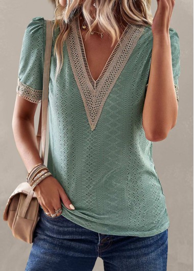 Modlily Green Patchwork Short Sleeve V Neck T Shirt - L