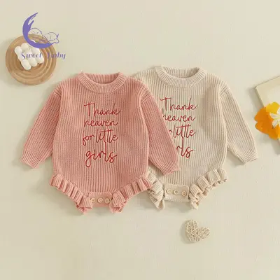 Baby Girls Sweater Rompers Letter Pattern Ruffles Crew Neck Long Sleeve Fall Bodysuits Jumpsuits