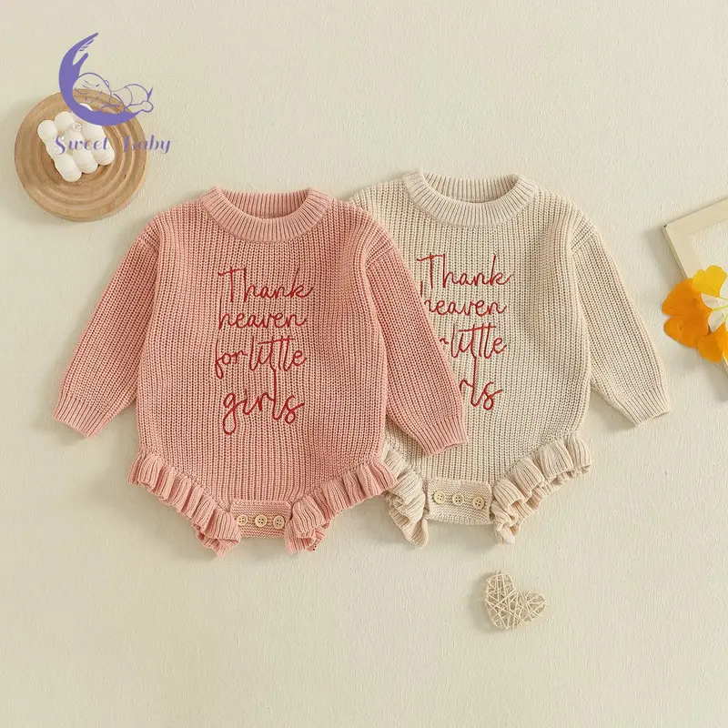 Baby Girls Sweater Rompers Letter Pattern Ruffles Crew Neck Long Sleeve Fall Bodysuits Jumpsuits