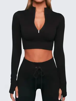 Two-Piece Set Women's Solid Half Zipper Tracksuit Set, Long Sleeve Crop Top & Drawstring High Waist Skinny Pants, Sportswear ...