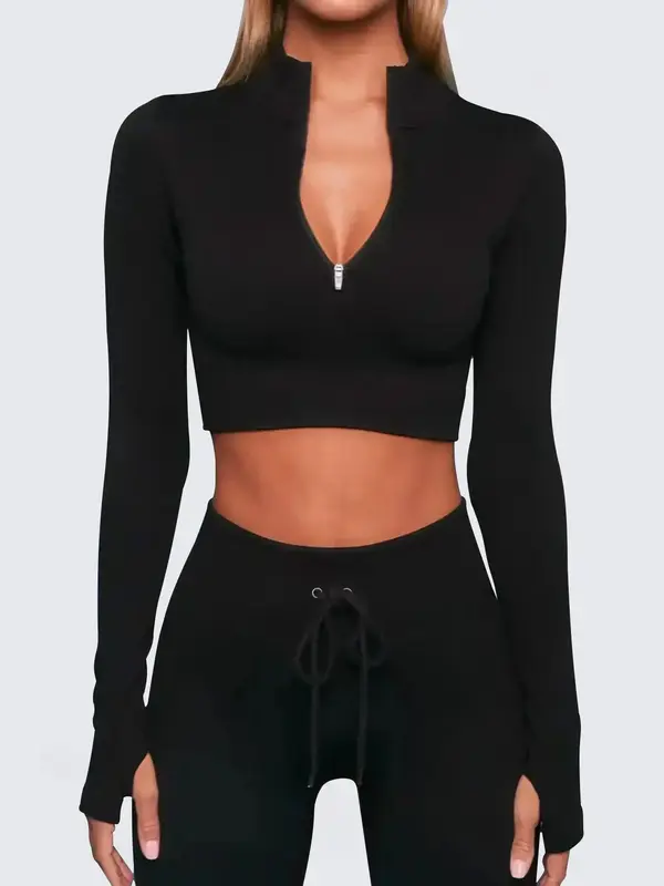 Two-Piece Set Women's Solid Half Zipper Tracksuit Set, Long Sleeve Crop Top & Drawstring High Waist Skinny Pants, Sportswear ...