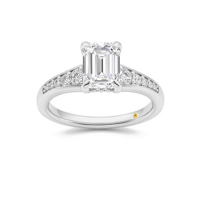 Bloom Tapered Pavé Set Hidden Halo Emerald Cut Lab Grown Diamond Engagement Ring | 18K White Gold 2 7/8 CT. TW.
