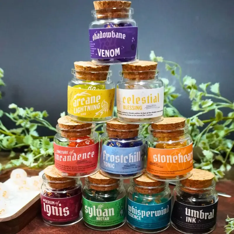 Dice Spell Bottle Set, Perfect Gift for a DnD Friend, Dungeons and Dragons, DnD5e, Dice Goblin, TTRPG, Custom Label