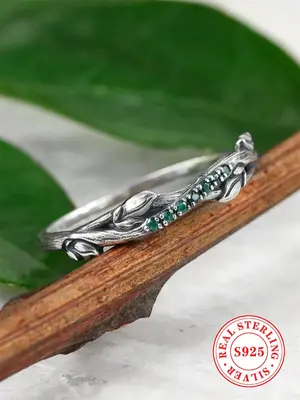 S925 Sterling Silver Simple Braid Leaf Design Ring, Fashion Rhinestone Decor Accessories for Women, Trendy All-match & Exquis...