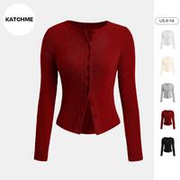 KatchMe Women's Solid Color Button Front Ribbed Cardigan, Casual Long Sleeve Round Neck Knitwear for Fall & Winter