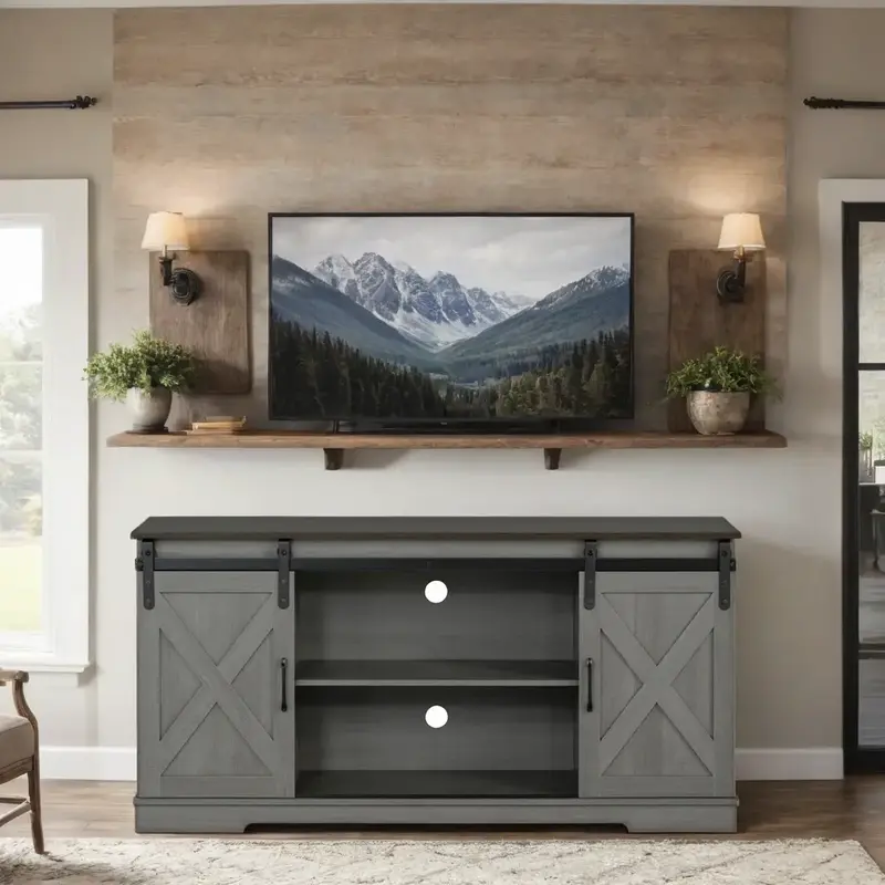 Camden Farmhouse TV Stand with Sliding Doors & Cable Management (Fits up to 65)