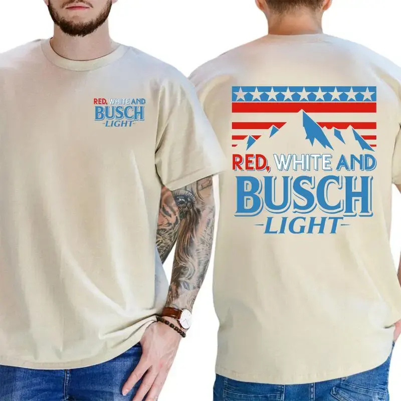 Red White & Busch Light Tee – 2-Sided Patriotic Graphic Shirt, Unisex Fit, Trendy Summer Streetwear Style.