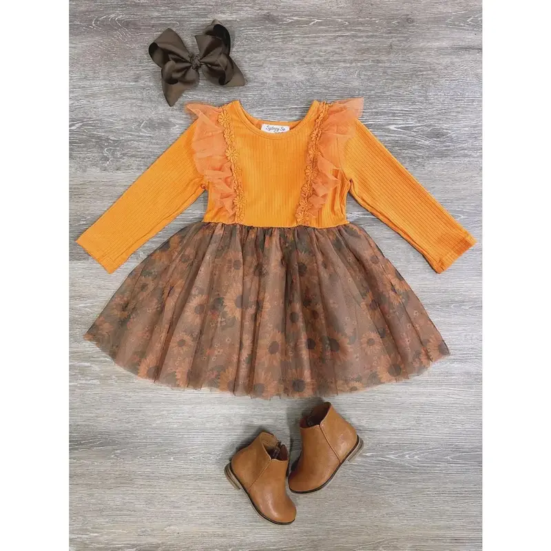 SYDNEY SO SWEET Sunflower Chiffon Girls Long Sleeve Tulle Tutu Skirted Fall Floral Flower Dress for Toddlers Cotton Poly Blen...