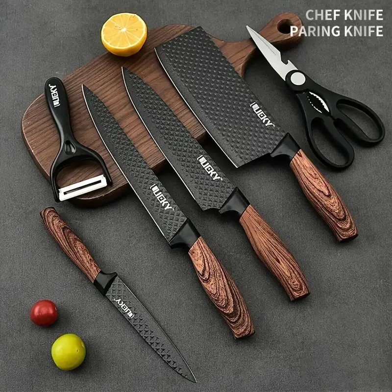 kitchen knife - diamond pattern - brown handle - box of 6 pieces