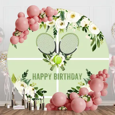 Green Floral Spring Tennis Round Birthday Backdrop - Aperturee