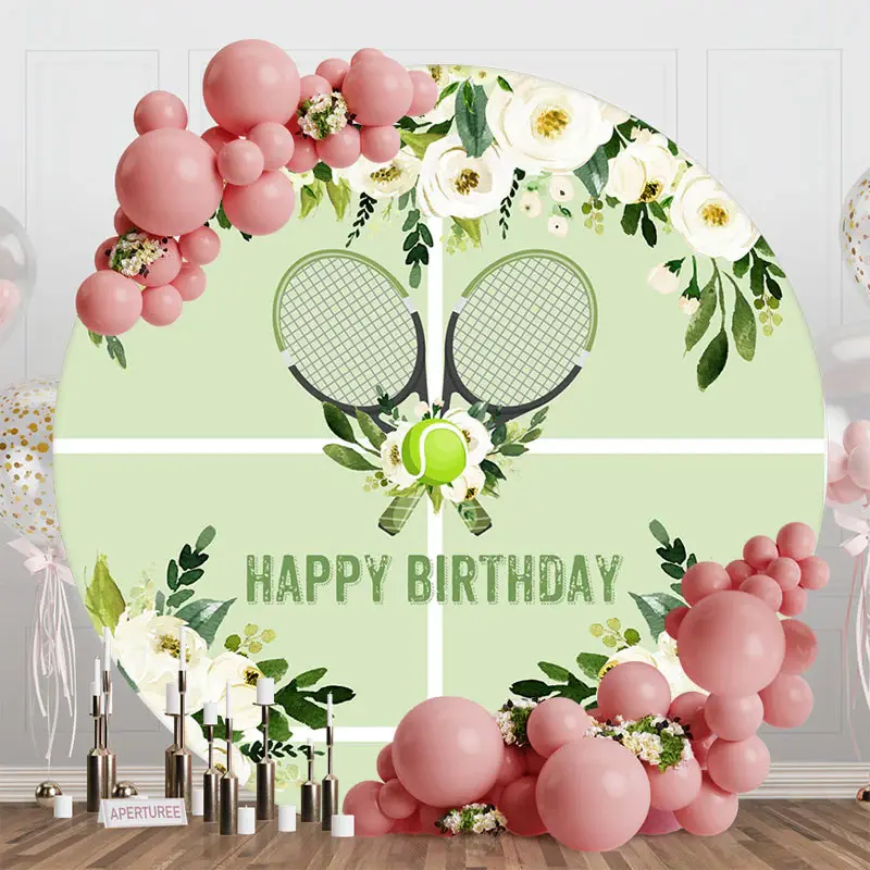 Green Floral Spring Tennis Round Birthday Backdrop - Aperturee