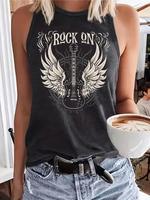 Women's Letter & Guitar Print Round Neck Tank Top, Casual Sleeveless Top for Daily Wear, Ladies Clothes for All Seasons, Tops...