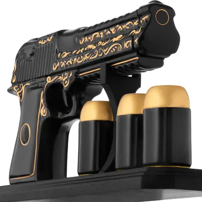 Ceramic Gun Shaped Whiskey Decanter Set 18 Oz with 3 Shot Glasses Oak Stand - Regalos Para Papa Un Hombre  - Tequila Liquor B...