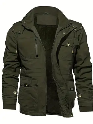 Men's Solid Pocket Zipper Detachable Hood Design Jacket, Regular Fit Casual Long Sleeve Button Hooded Outerwear for Fall & Wi...