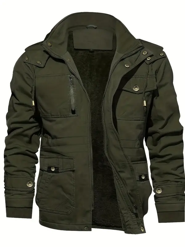 Men's Solid Pocket Zipper Detachable Hood Design Jacket, Regular Fit Casual Long Sleeve Button Hooded Outerwear for Fall & Wi...