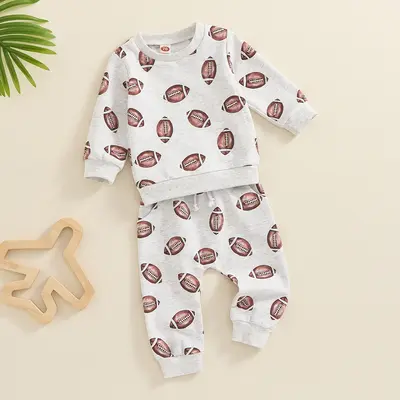 Toddler Football Print Pants Set Long Sleeve Round Neck Sweatshirt Drawstring Pockets Long Pants Outfits