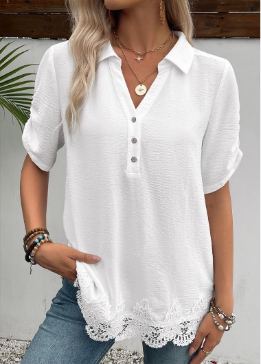 Modlily White Short Sleeve Shirt Collar Blouse - L