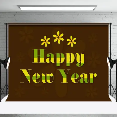 Aperturee Yellow Floral Dark Brown Happy New Year Backdrop - Aperturee